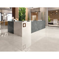 Newark 1861 White Polished grey and white marble-effect tiles on a reception desk