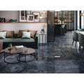 Dark gray marble-effect floor tiles with a glossy finish from nilo 1846 blue polished collection