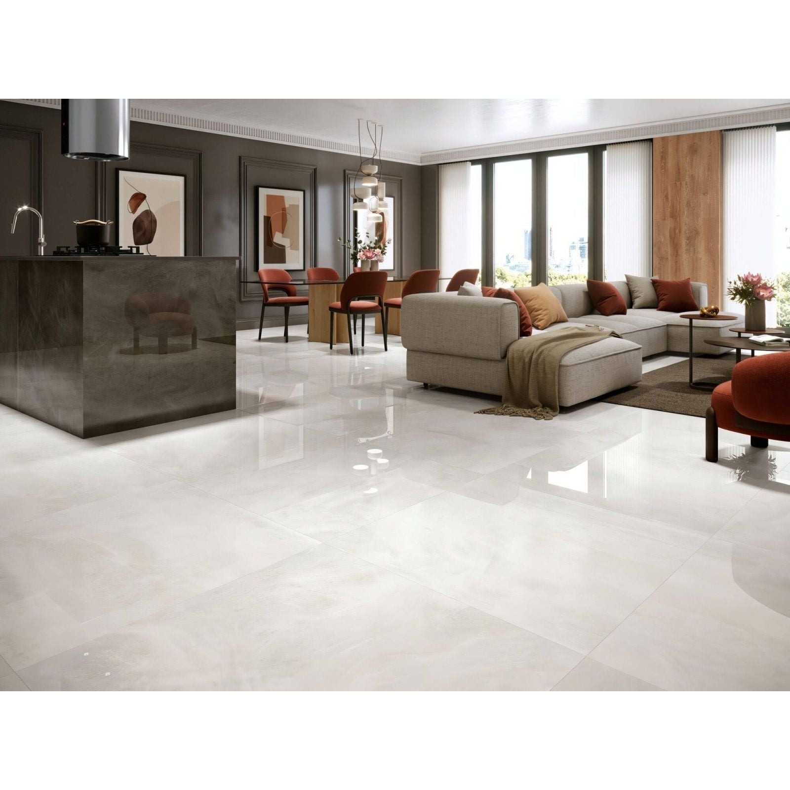 Shiny white polished marble floor tiles nilo 1846 with subtle veining for elegant interior flooring