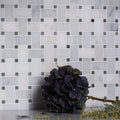 Nimbus Basketweave Stone Mosaic white and grey marble basketweave mosaic with purple hydrangeas
