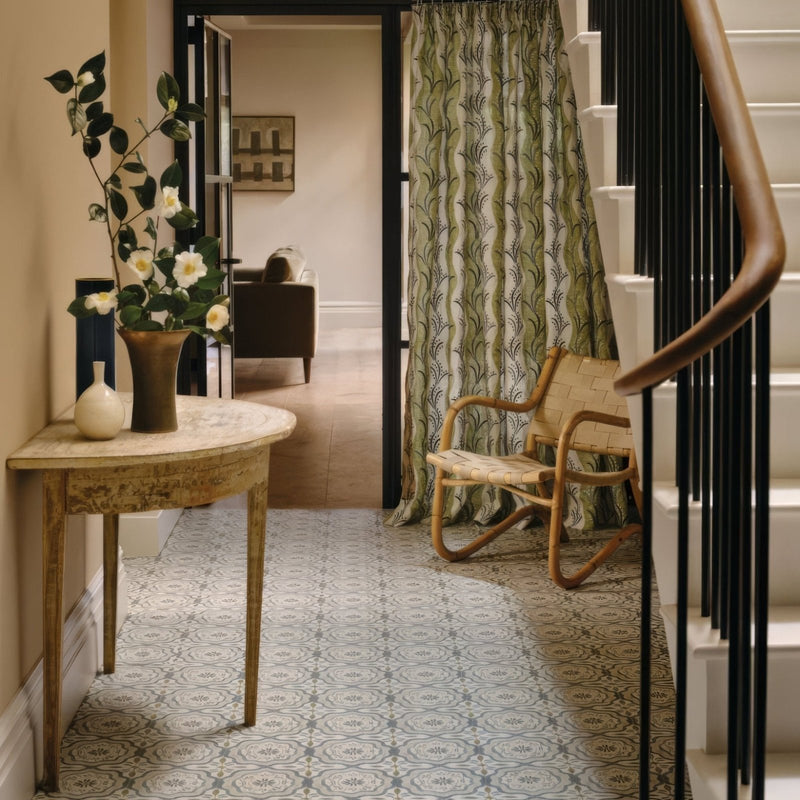 Nina Campbell Cochin Blue Porcelain Tile in a hallway setting