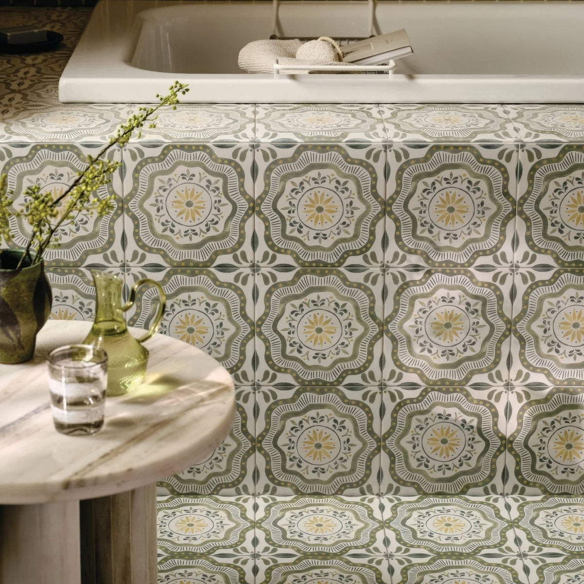 Patterned nina campbell cochin green porcelain tile with intricate geometric and floral designs in sage green cream and yellow