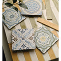 Square ceramic nina campbell cochin green porcelain tile with intricate floral and geometric patterns in muted blues greens and browns