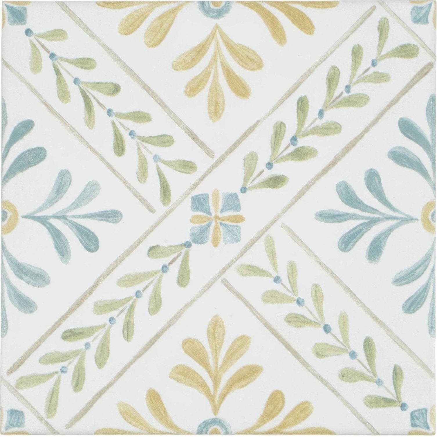 White ceramic porcelain tile with delicate botanical pattern in sage green muted blue and pale yellow by Nina Campbell