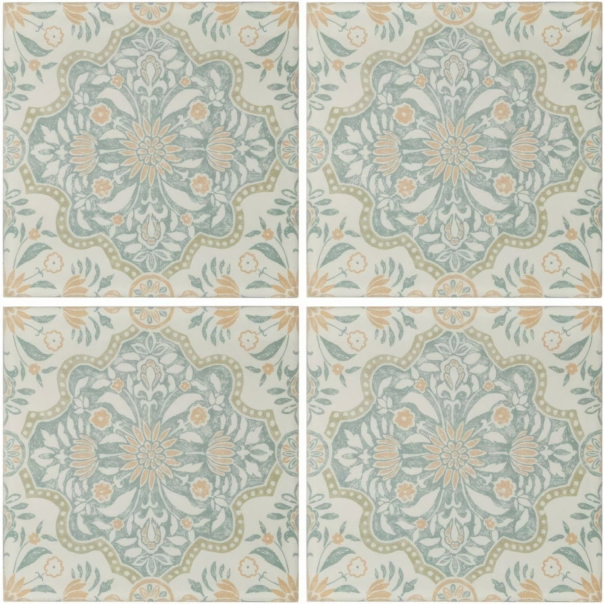 Four square Nina Campbell Jodhpur Aqua porcelain tiles with delicate sage green and peach floral patterns on off-white background