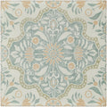 A square Nina Campbell Jodhpur Aqua porcelain tile with a vintage floral pattern in sage green peach and cream tones