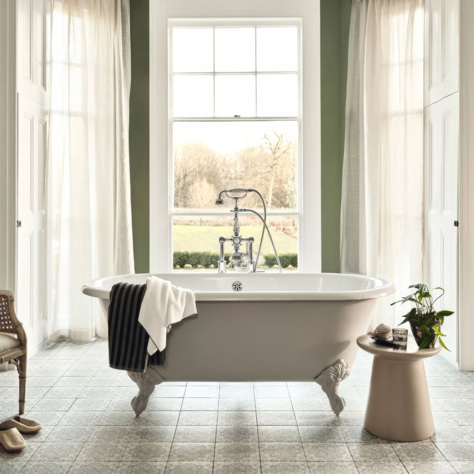 Nina Campbell Jodhpur Aqua Porcelain Tile bathroom setting