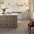 White vintage-style aga range cooker with brass handles and knobs featured in nina campbell la moulade chocolate porcelain tile setting