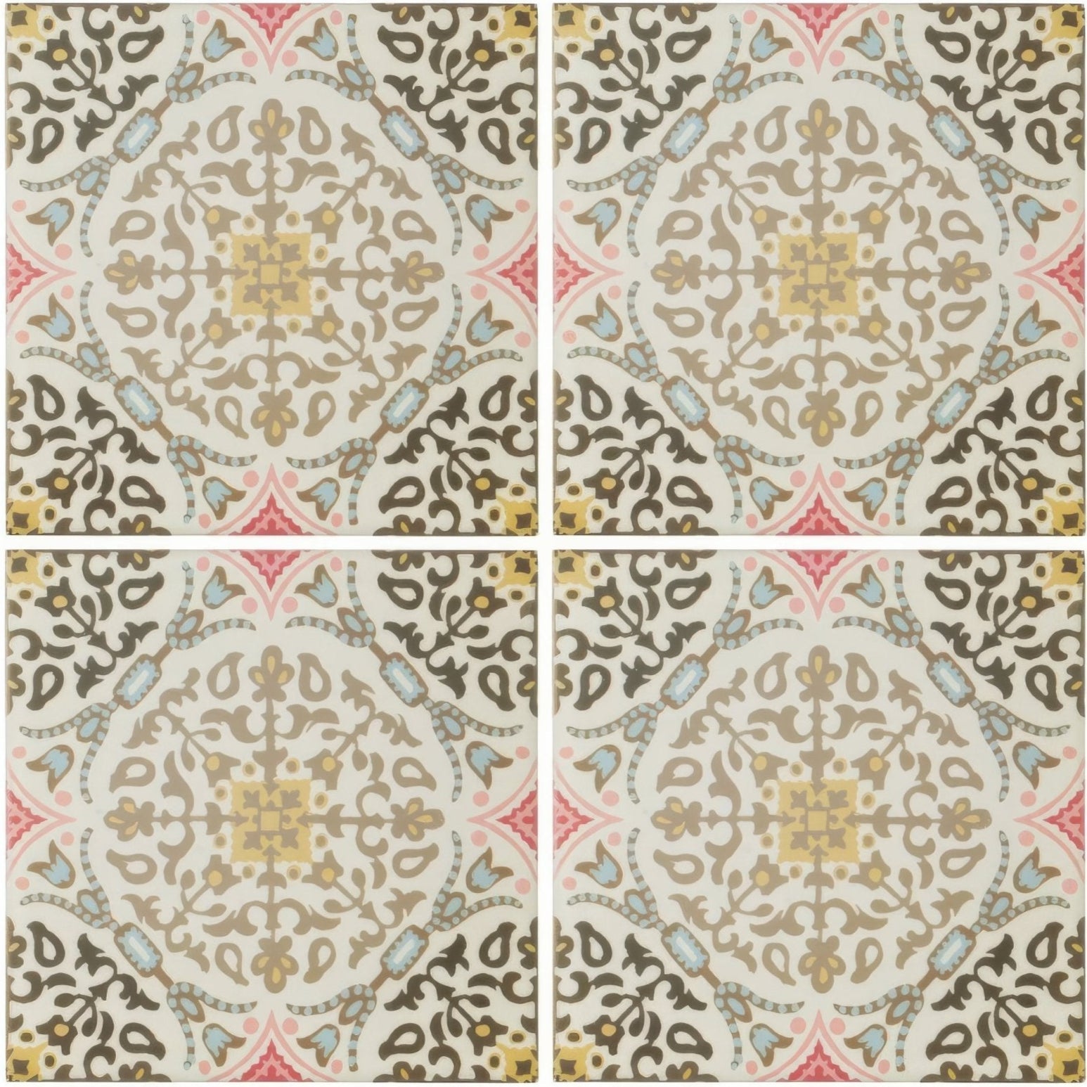 Square ceramic nina campbell la moulade chocolate porcelain tile with intricate floral and geometric patterns in beige brown light blue yellow and pink