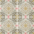 Square ceramic nina campbell la moulade chocolate porcelain tile with intricate floral and geometric patterns in beige brown light blue yellow and pink