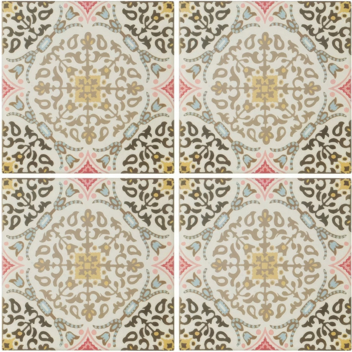 Square ceramic nina campbell la moulade chocolate porcelain tile with intricate floral and geometric patterns in beige brown light blue yellow and pink
