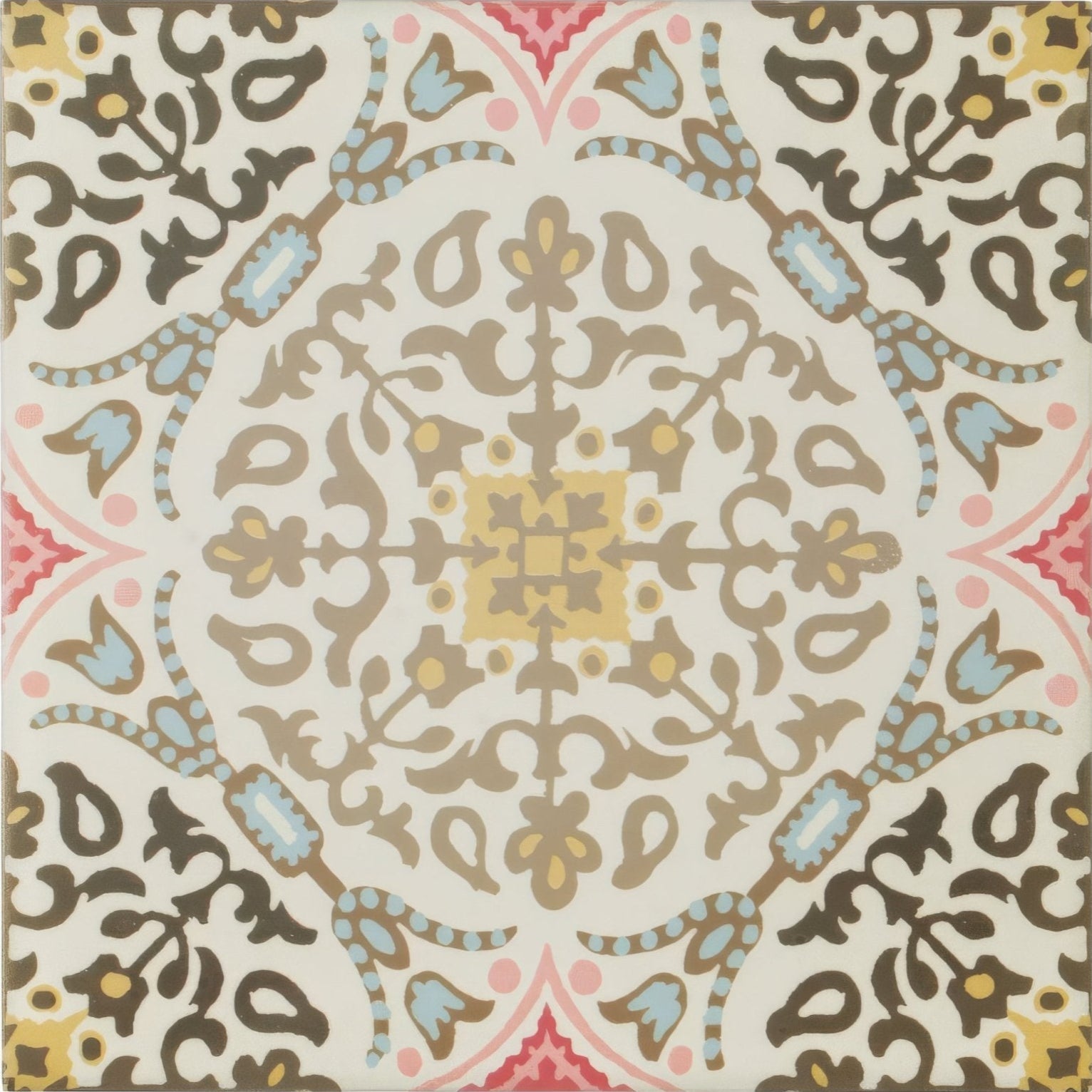 A square Nina Campbell La Moulade Chocolate porcelain tile with intricate floral and geometric pattern in muted beige brown blue pink and gold tones