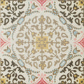 A square Nina Campbell La Moulade Chocolate porcelain tile with intricate floral and geometric pattern in muted beige brown blue pink and gold tones