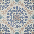 Nina Campbell La Moulade Indigo porcelain tile with blue and beige ornate floral pattern on off-white background