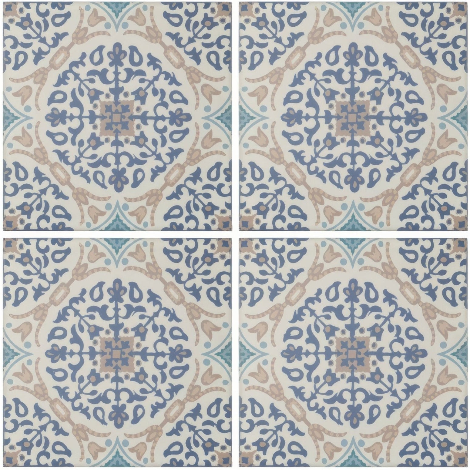 Blue and beige patterned ceramic porcelain tile with intricate floral designs by Nina Campbell La Moulade Indigo