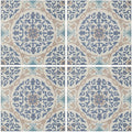 Blue and beige patterned ceramic porcelain tile with intricate floral designs by Nina Campbell La Moulade Indigo