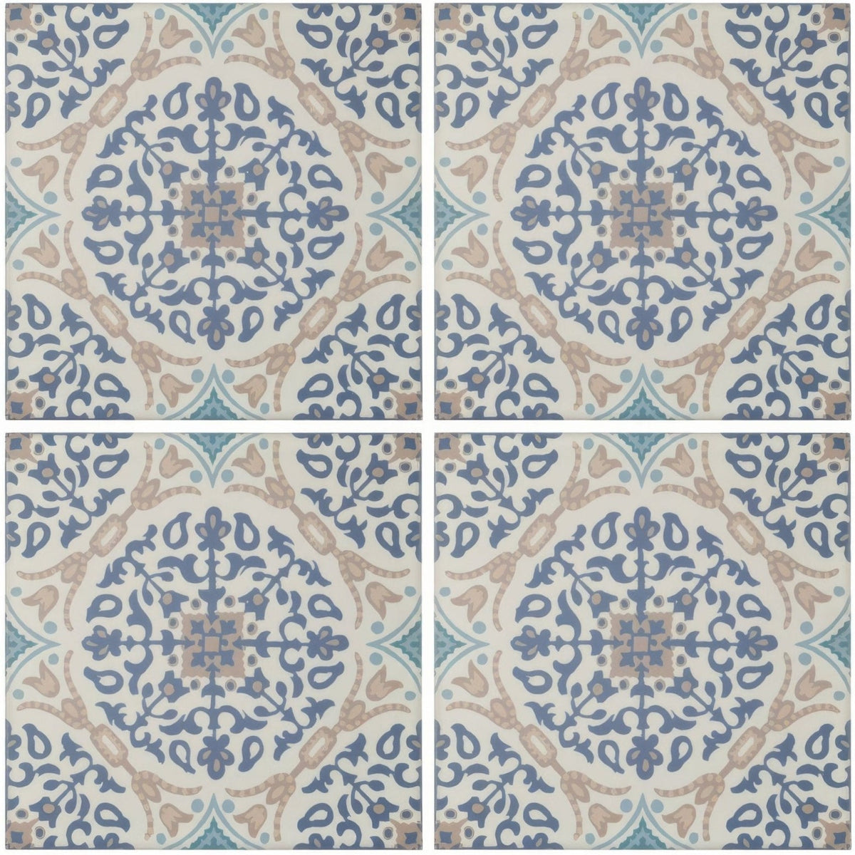 Blue and beige patterned ceramic porcelain tile with intricate floral designs by Nina Campbell La Moulade Indigo