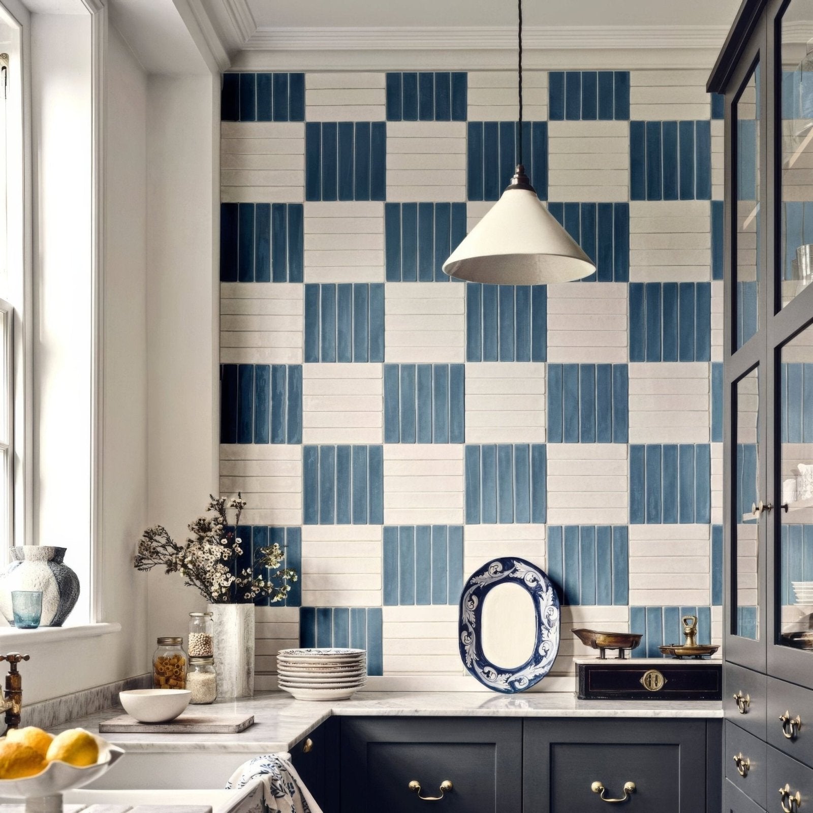Blue and white checkered indigo glazed wall tile by nina campbell forming a modern subway tile backsplash
