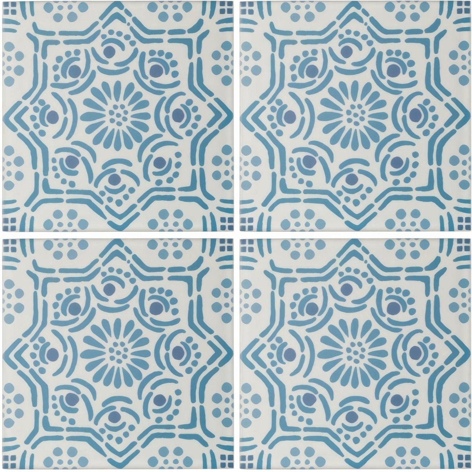 Blue and white patterned Nina Campbell Ronda porcelain tile with intricate floral and geometric designs
