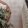 Patterned ceramic floor tiles with a geometric design in red teal and beige from nina campbell ronda coral aqua porcelain tile