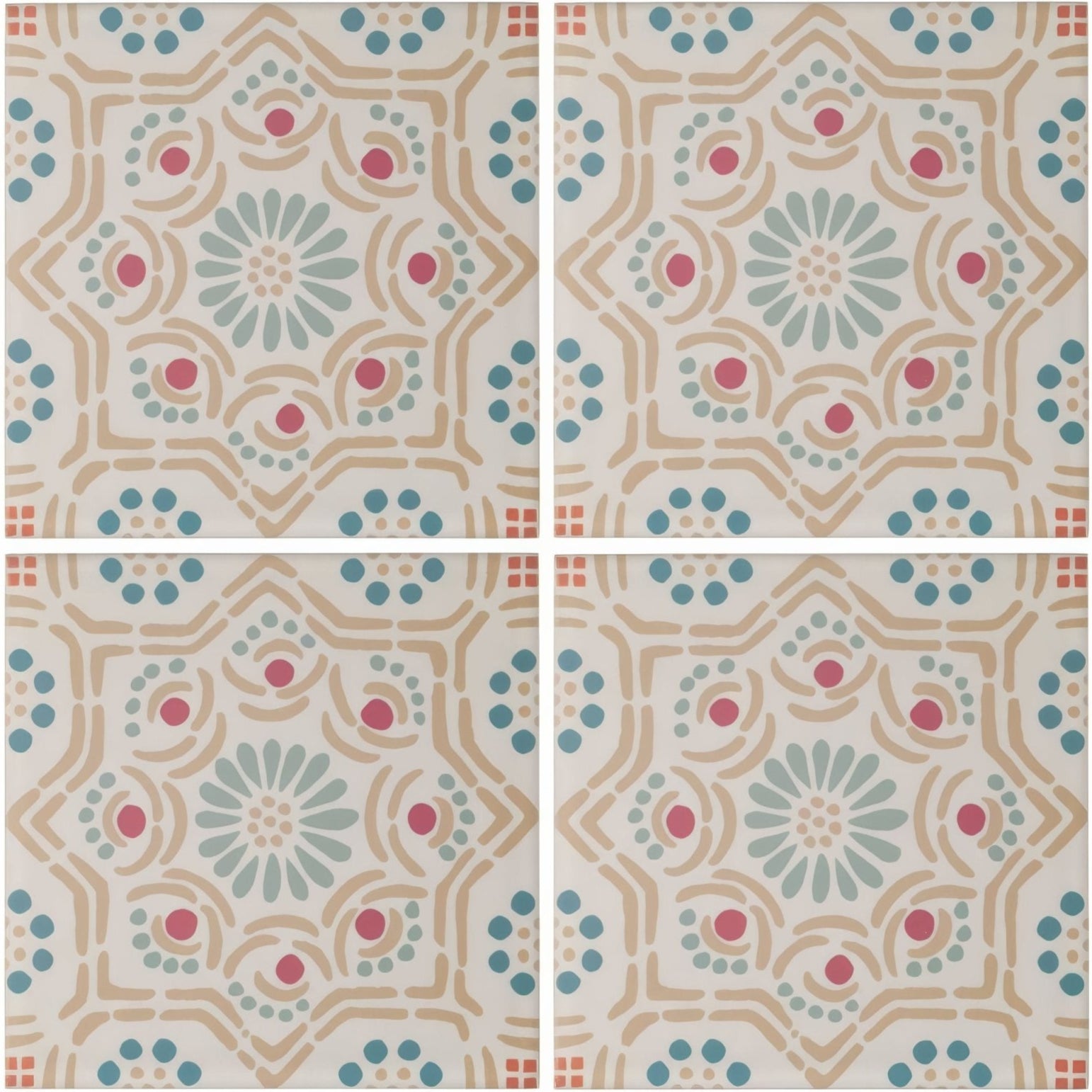 Nina Campbell ronda coral aqua porcelain tile with beige blue and pink vintage-inspired geometric ceramic pattern