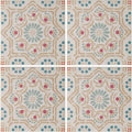Nina Campbell ronda coral aqua porcelain tile with beige blue and pink vintage-inspired geometric ceramic pattern