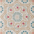 Nina Campbell Ronda coral aqua square porcelain tile with a beige teal and coral hand-painted pattern on off-white background