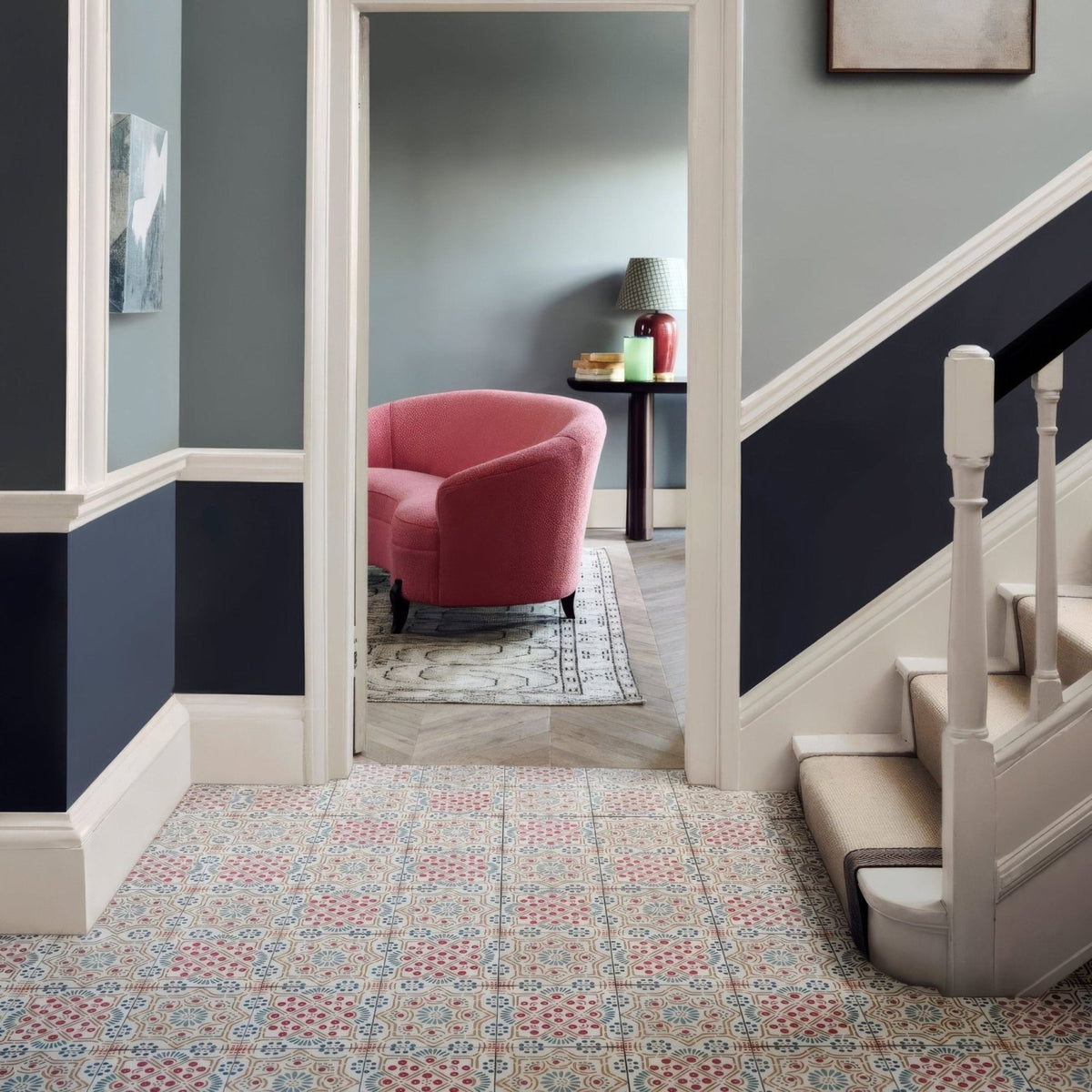 Patterned nina campbell ronda coral aqua porcelain floor tiles with vintage design in pastel pink blue and cream tones
