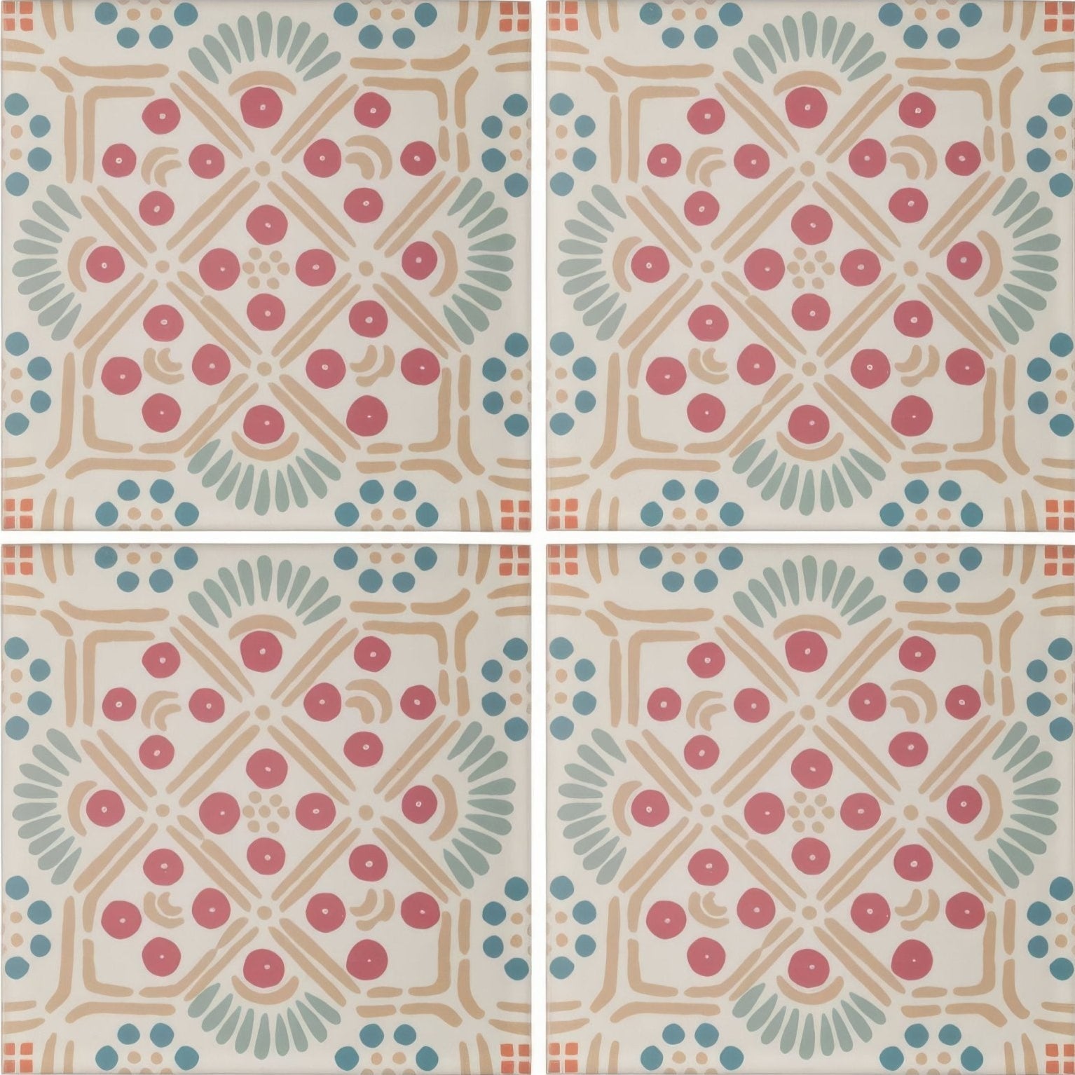 Nina campbell seville coral aqua quartz tile with geometric pattern of pink circles teal leaves and beige lines on off-white