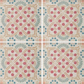 Nina campbell seville coral aqua quartz tile with geometric pattern of pink circles teal leaves and beige lines on off-white