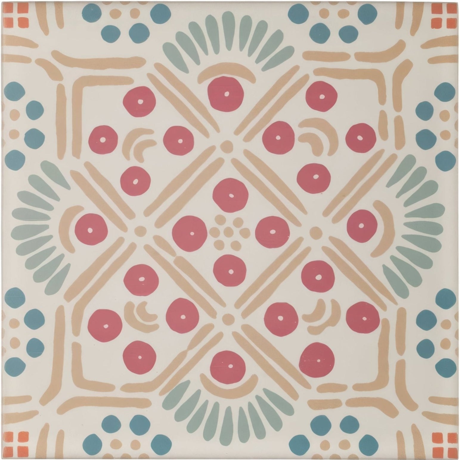 A square porcelain tile by nina campbell featuring a hand-painted coral and aqua pattern on off-white ceramic