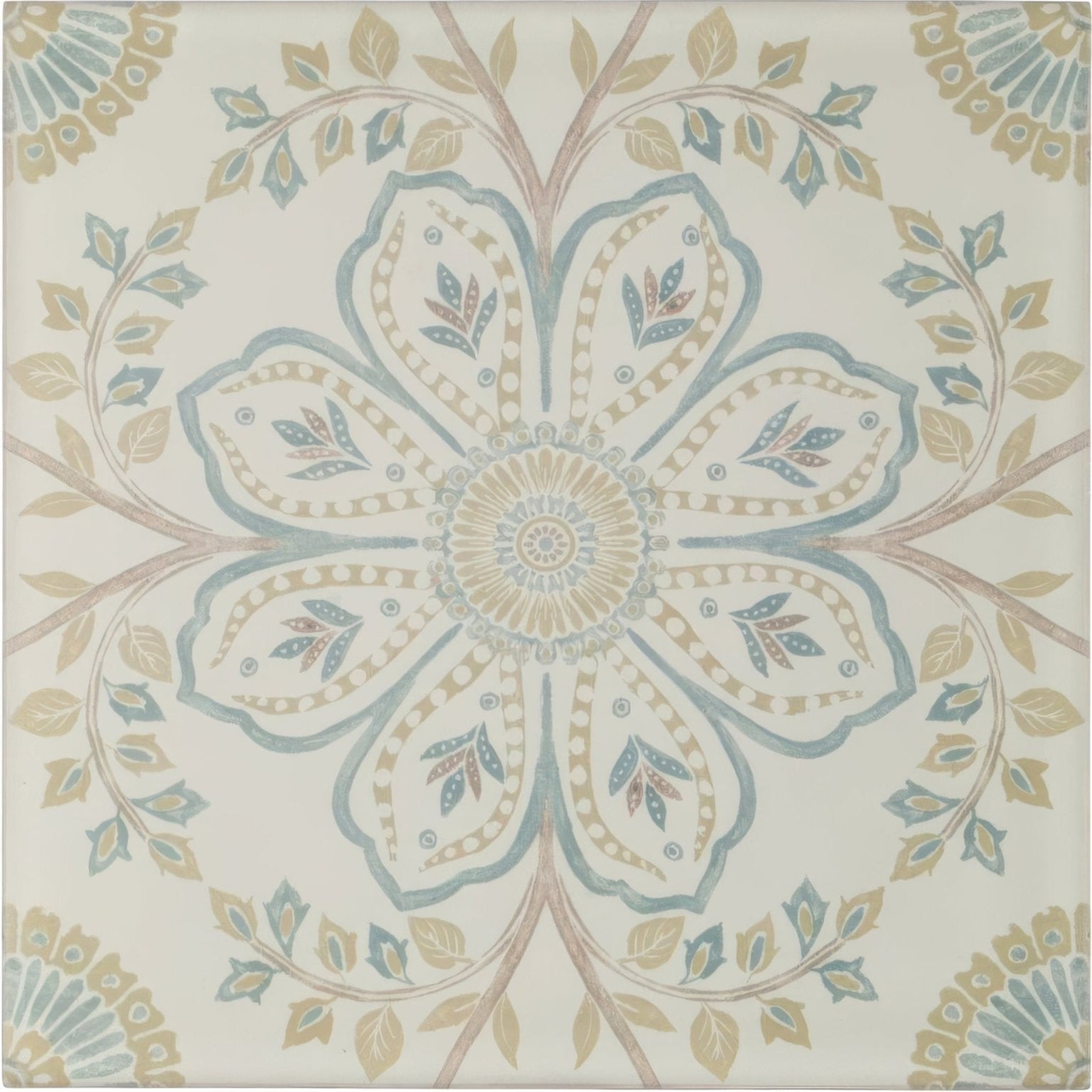 A square ceramic nina campbell topkapi aqua porcelain tile with an intricate symmetrical floral design in muted teal and beige