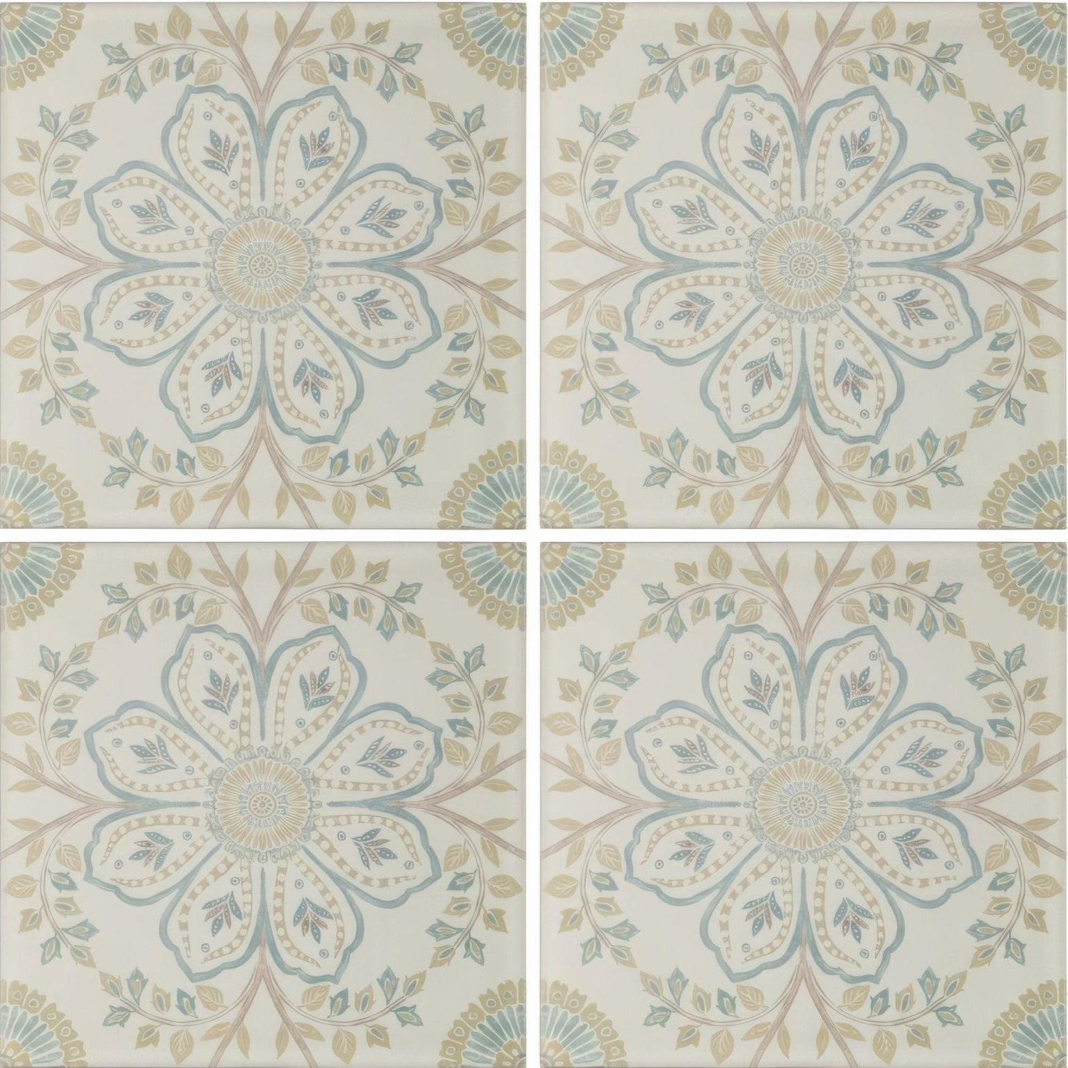 Set of four Nina Campbell Topkapi Aqua porcelain tiles with intricate floral mandala design in soft blue beige and muted green