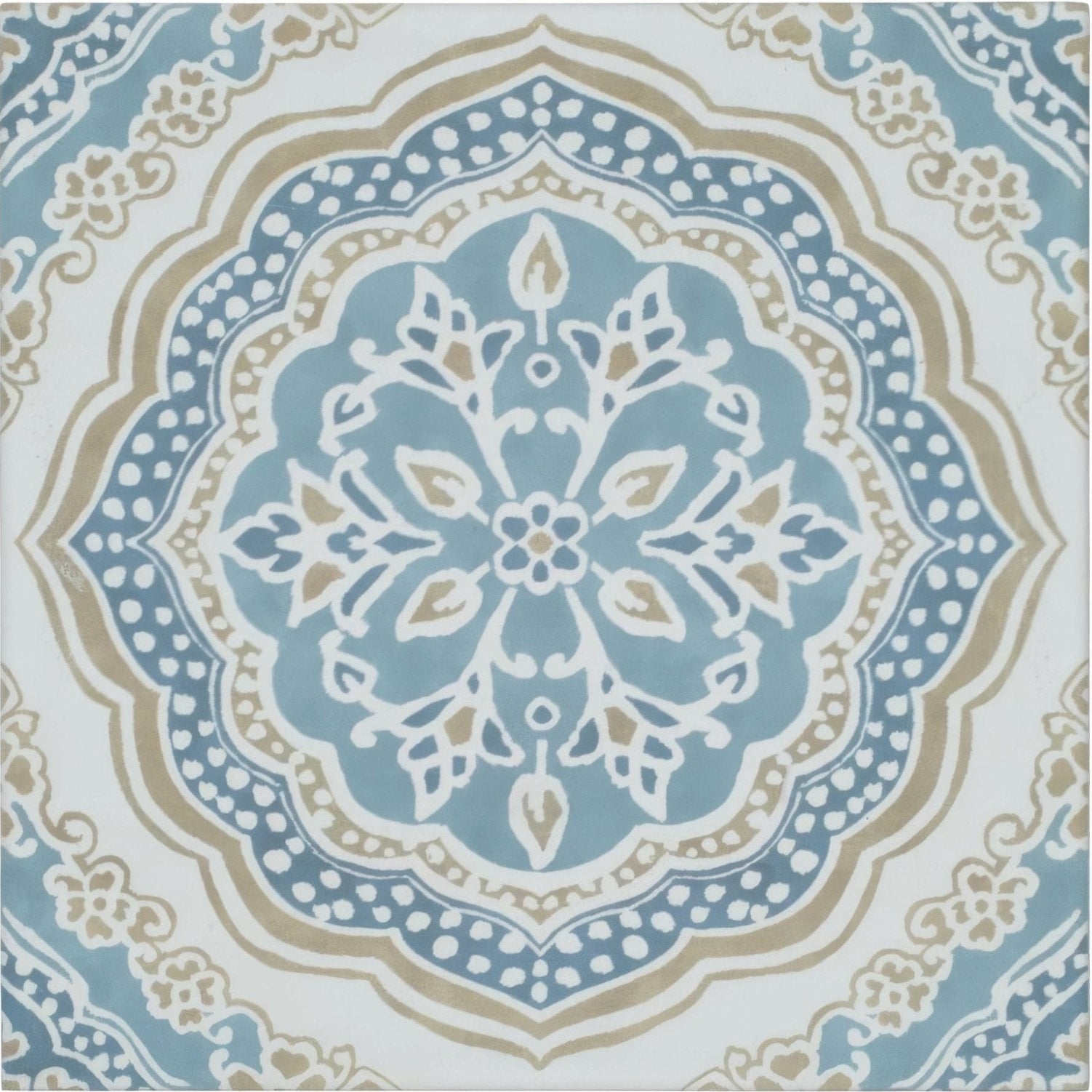 A square ceramic nina campbell udaipur blue porcelain tile with an intricate symmetrical mandala design in blue beige and white