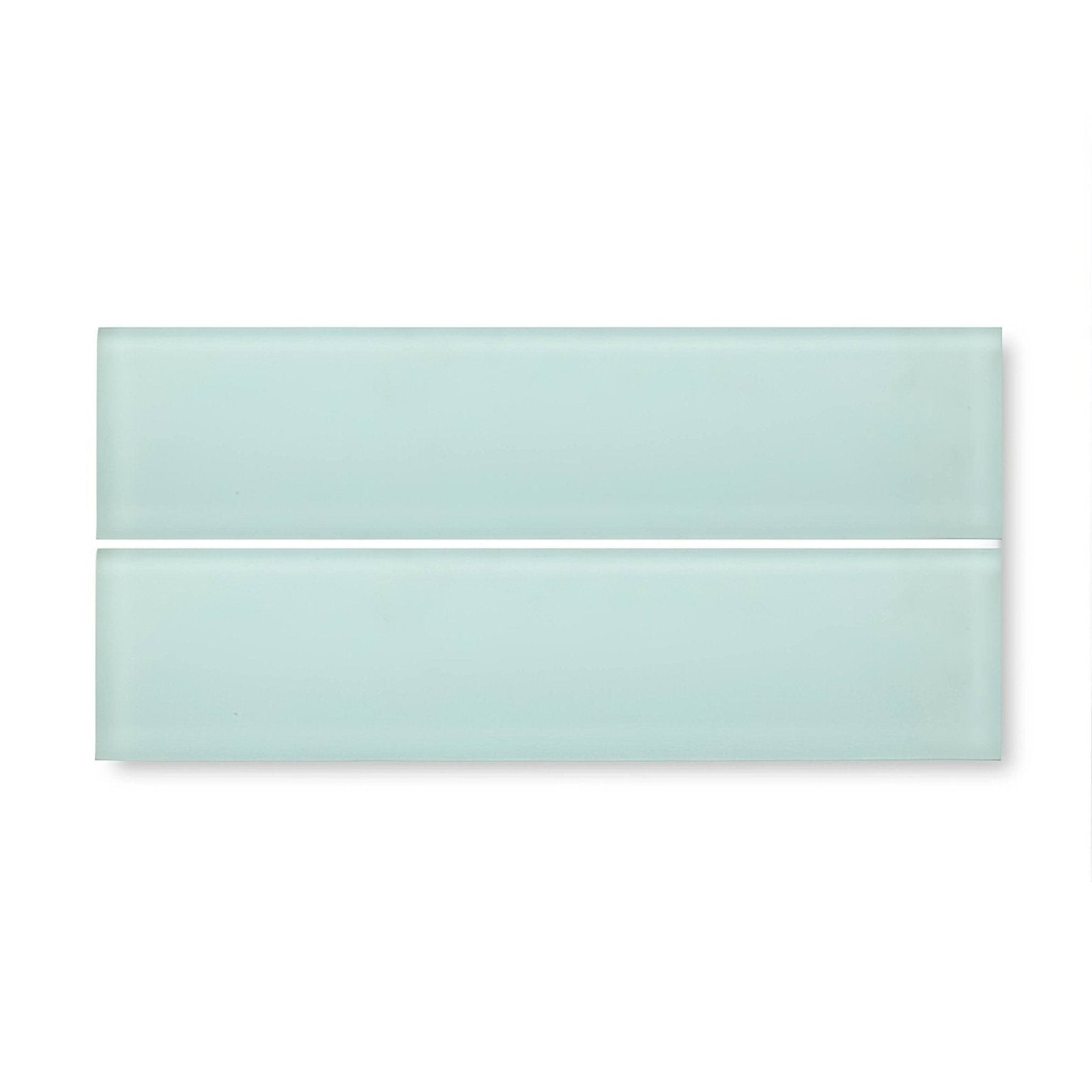Two translucent mint green rectangular glass tiles arranged vertically from the Nordic Glass Fjord collection