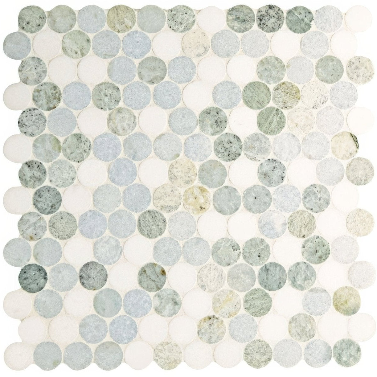 Circular north haven penny marble mosaic tile panel with light gray white and greenish blue veined stone tiles