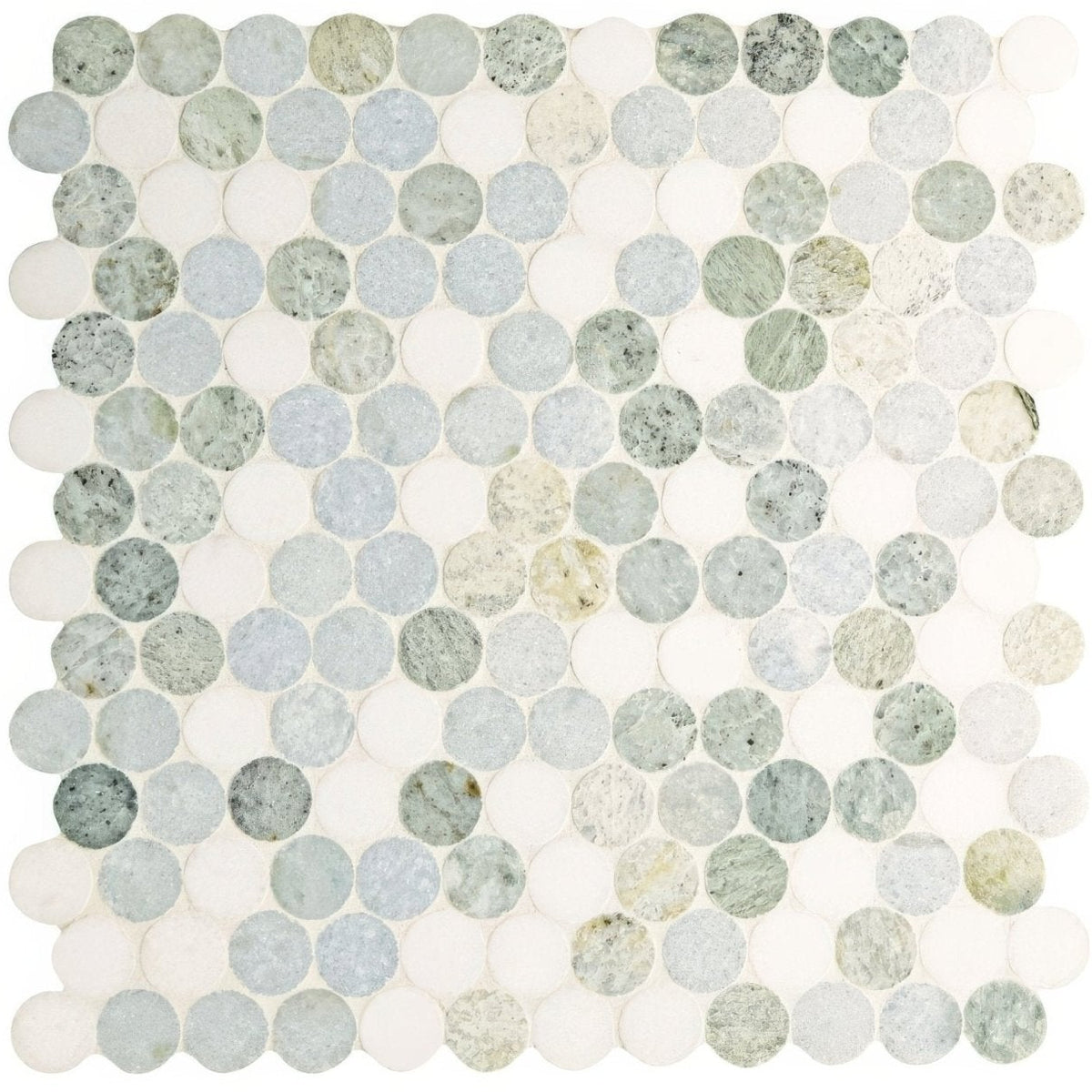 Circular north haven penny marble mosaic tile panel with light gray white and greenish blue veined stone tiles