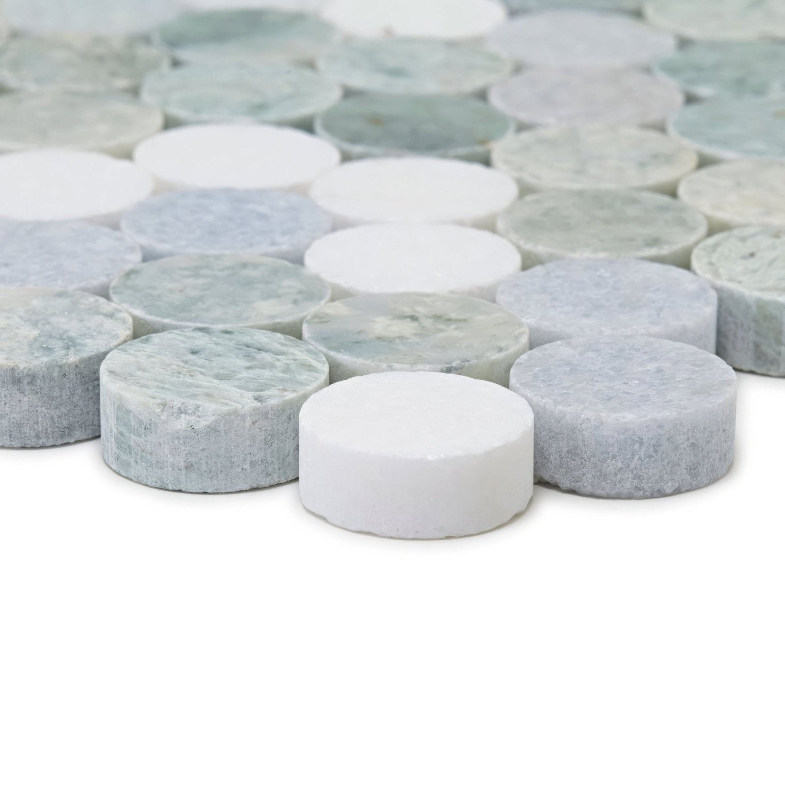 North haven penny marble mosaic tile with circular polished stone tiles in soft white and pale blue hues with subtle veining