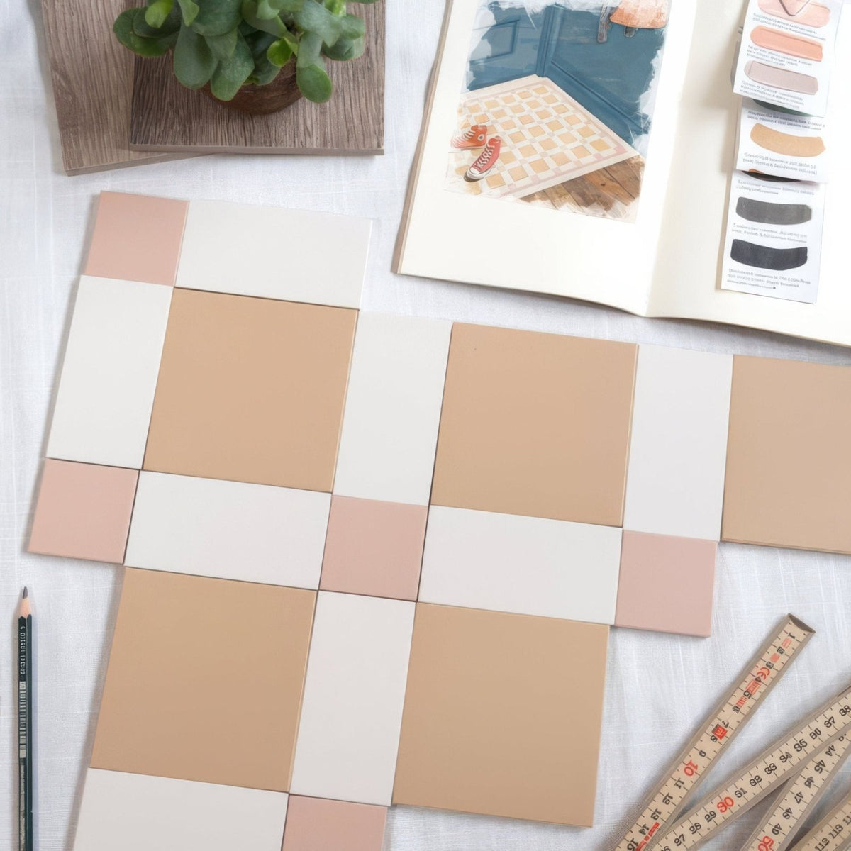 Beige and cream square ceramic tiles arranged in a checkerboard pattern from Norwich Carnation Pink and Old London collection