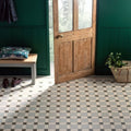 Checkerboard patterned floor tiles in white gray and light blue from norwich chester mews dover white and green collection