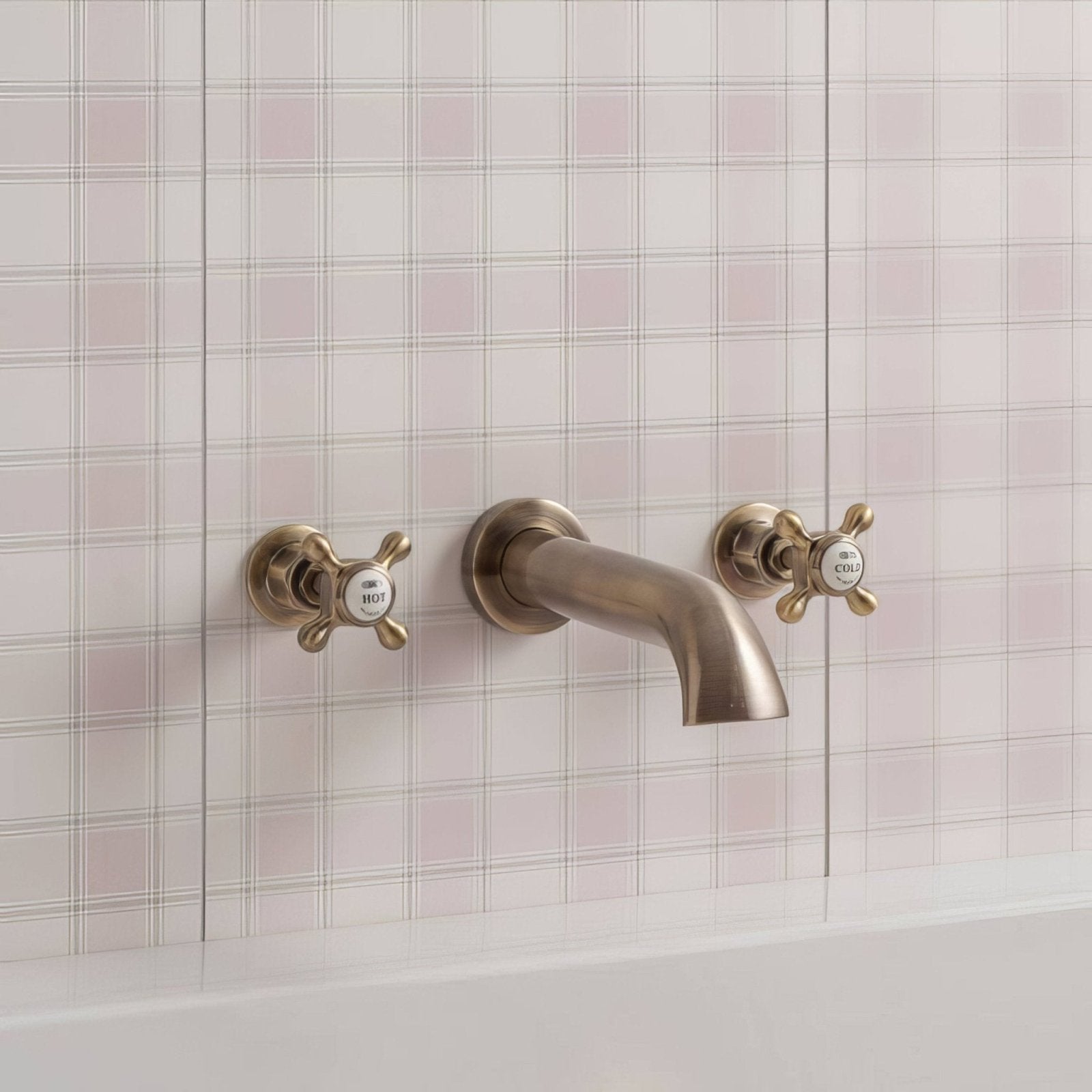 Brushed brass wall-mounted Nova Scotia Middleton 60x30cm faucet with cross-shaped hot and cool handles