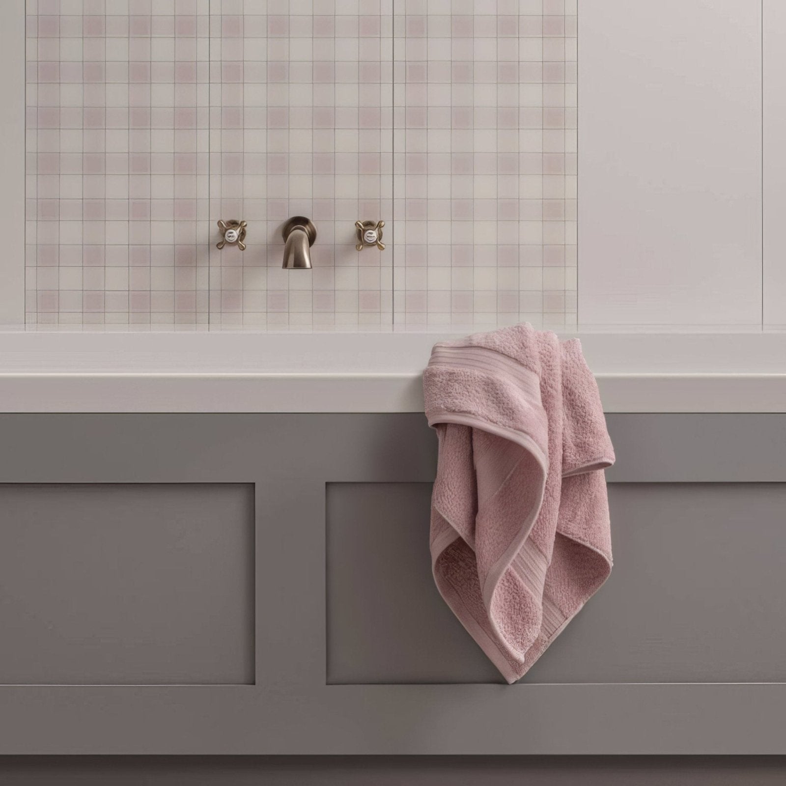 A soft pink textured towel draped over a gray bathtub edge nova scotia middleton 60x30cm bath towel