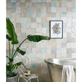 Nuance ceramic mosaic tile wall with a patchwork of soft pastel muted blues beiges and greys in ceramic material