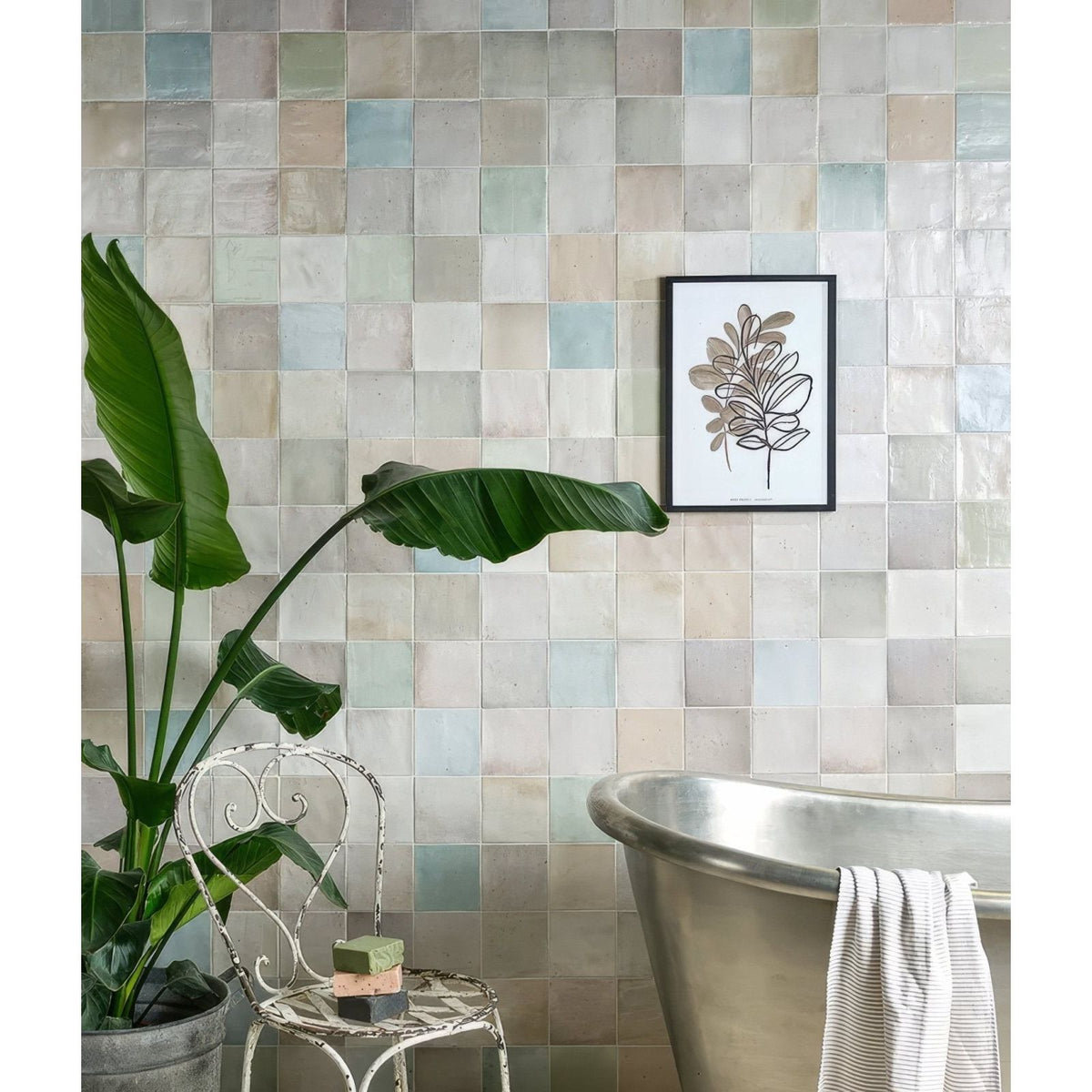 Nuance ceramic mosaic tile wall with a patchwork of soft pastel muted blues beiges and greys in ceramic material