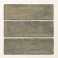 Three rectangular matte-finished ceramic tiles in sage gray with a subtle textured surface from oasis veloute matt collection