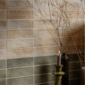 Oasis veloute ceramic sand matt beige and gray rectangular tiles with matte textured finish in staggered pattern