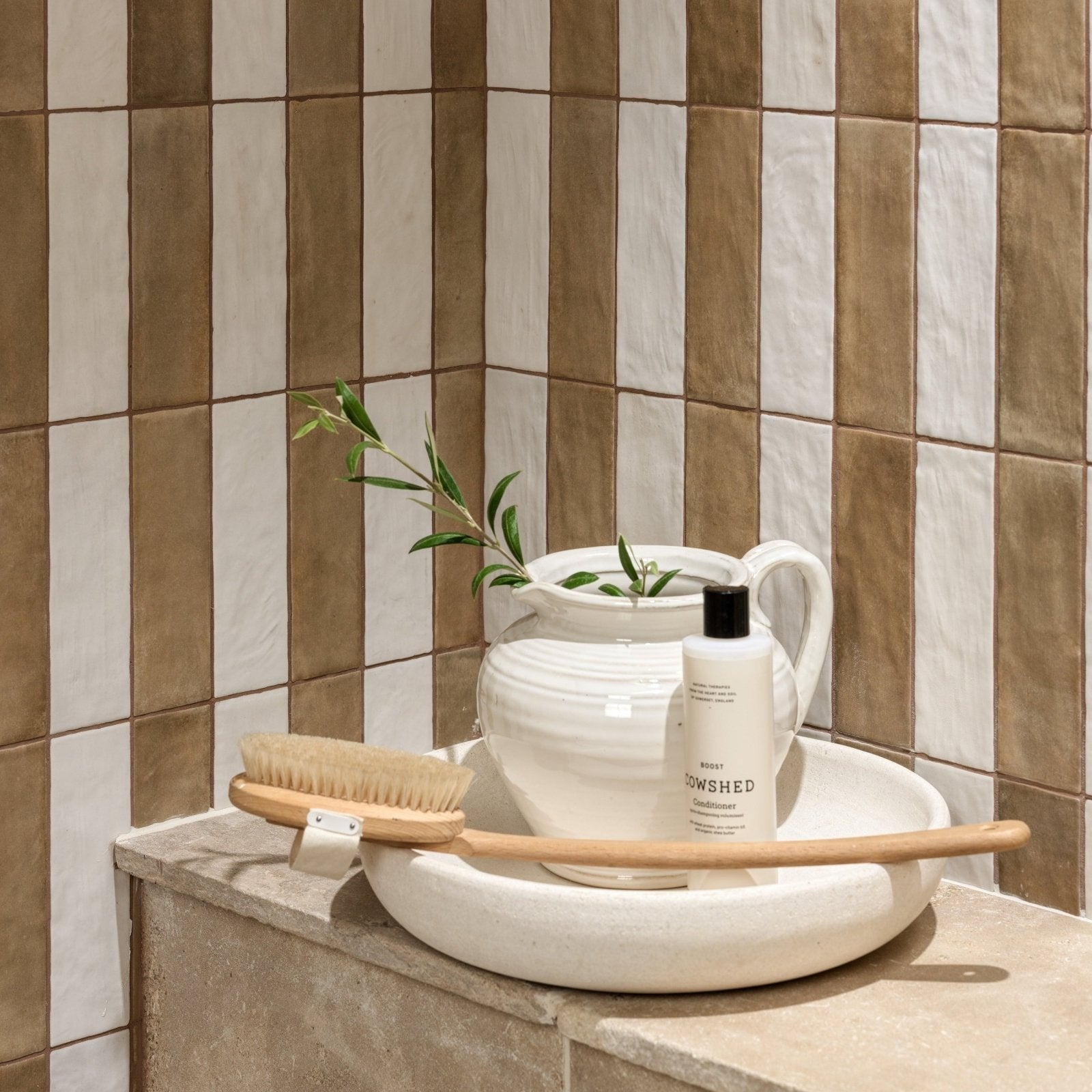 Oasis Veloute Ceramic Tan Matt, tan ceramic wall tiles in a brick pattern