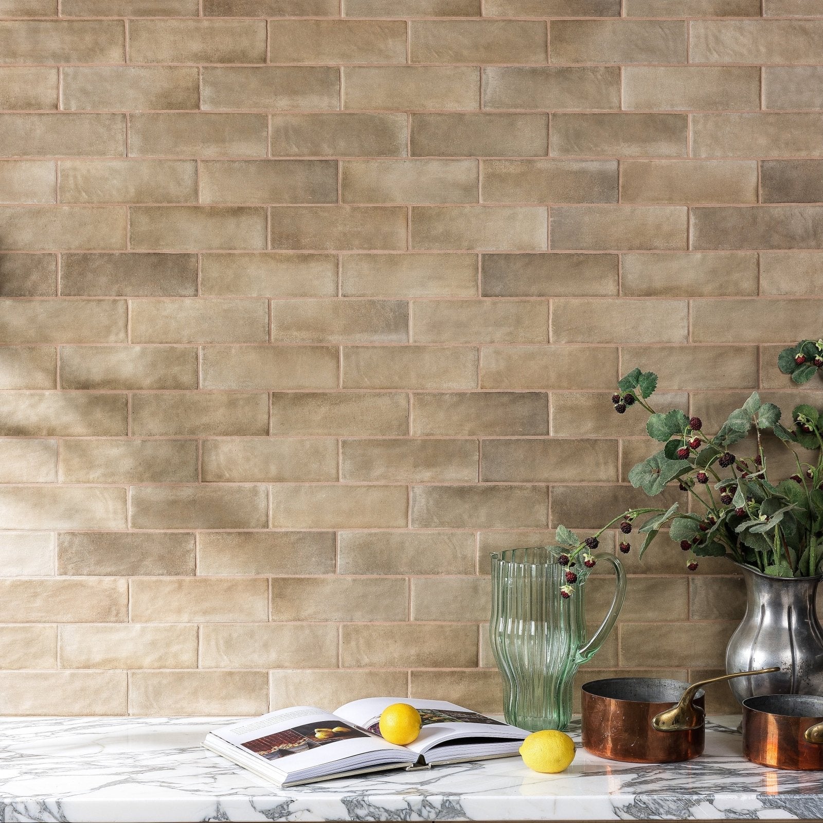 Beige rectangular oasis veloute ceramic tan matt tiles with a subtle matte finish arranged in a staggered brick pattern