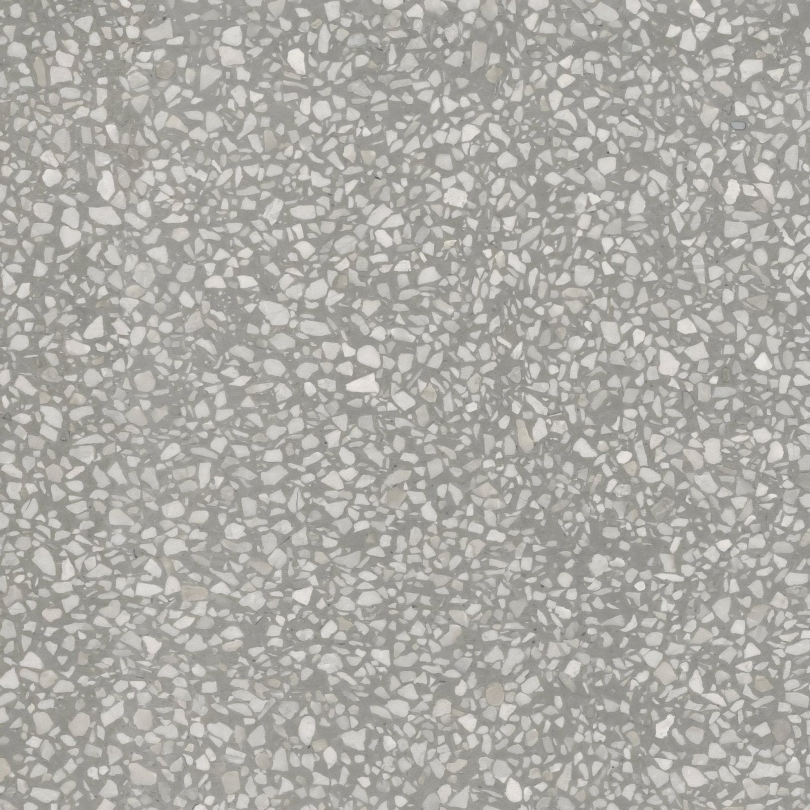 Gray terrazzo surface of obi 1855 ceniza with speckled white and light gray stone fragments in a smooth binder