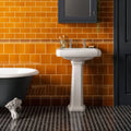 White ceramic pedestal sink with classic ochre dentil moulding design and two chrome faucets